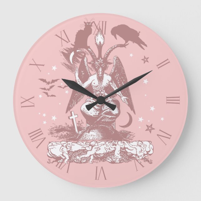 Pastel Goth Bahomet with a Cat and a Raven Large Clock (Front)