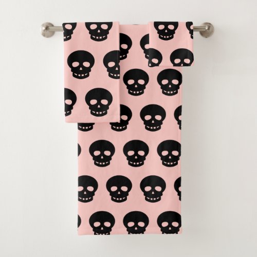 Pastel Goth Blush Pink BlackSkull Pattern Bath Towel Set