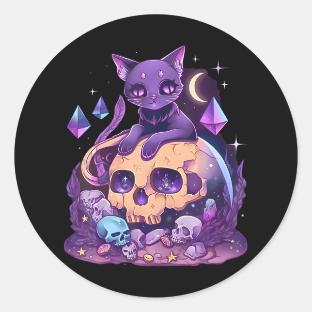 Pastel Goth Cat Cute witchy goth cat crystals and Classic Round Sticker (Front)