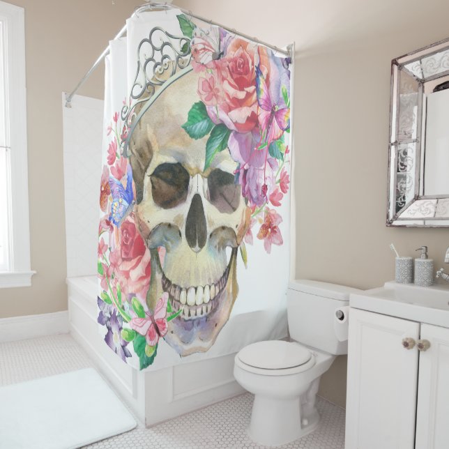 Pastel Goth Feminine Floral Skull Shower Curtain (In Situ)