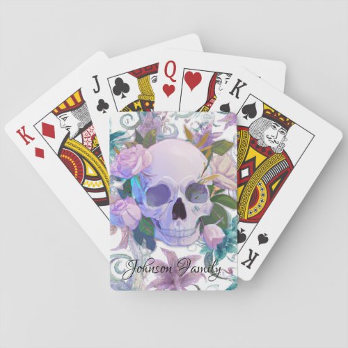 Pastel Goth Floral Skull Art Editable Family Name Playing Cards