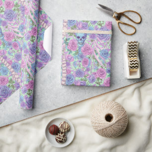 Pastel Goth Floral Skull & Rose Bones Wrapping Paper