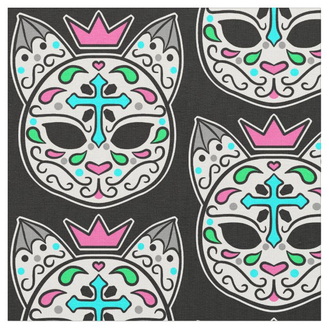 Pastel goth kitty cat sugar skull pattern fabric (Close Up)