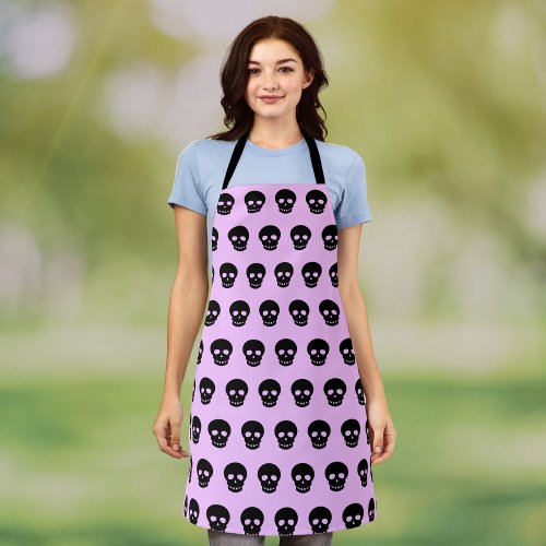 Pastel Goth Lilac Black Skull Pattern Apron