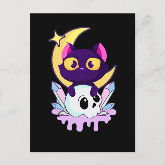 Pastel Goth Moon Wiccan Animal Cat Skull Postcard (Front)