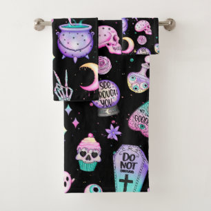 pastel goth pattern dark bath towel set