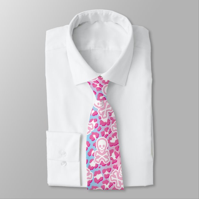 Pastel Goth Pink Blue Leopard Print Jolly Roger Neck Tie (Tied)
