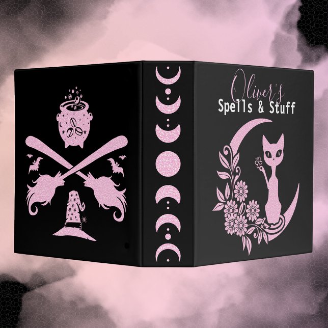 Pastel Goth Pink Crescent Moon Kitty Cat Spell 3 Ring Binder (witch spell binder witchy goth pastel goth book of shadows grimoire pink black celestial moon )