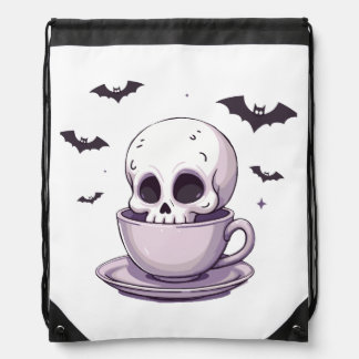 Pastel Goth Skull in Teacup Drawstring Bag