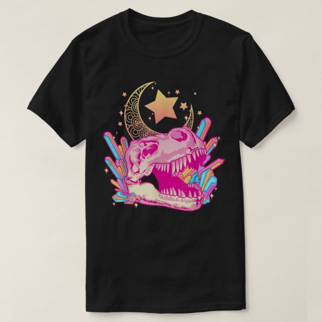 Pastel Goth T-Rex Skull Crystal Crescent Moon Aest T-Shirt (Design Front)