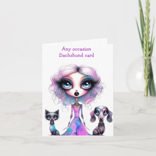 Pastel Gothic Girl with Dachshund and Cat Card