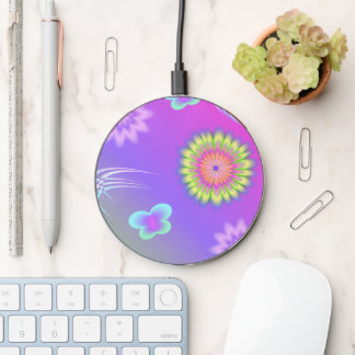 Pastel Gradient Flowers and Butterflies Wireless Charger