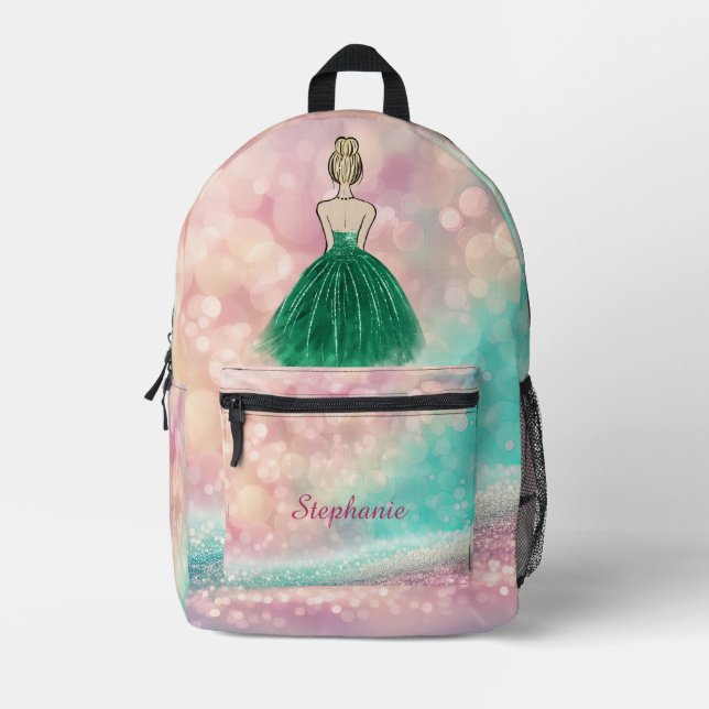 Pastel Gradient Glitter Rainbow Bokeh Printed Backpack (Front)