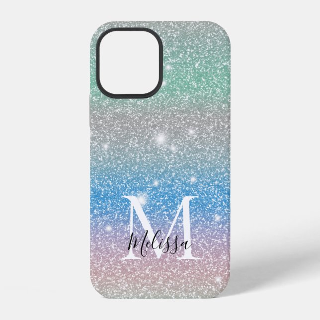 Pastel Gradient Glitter Sparkle Monogram Name Iphone Case (Back)
