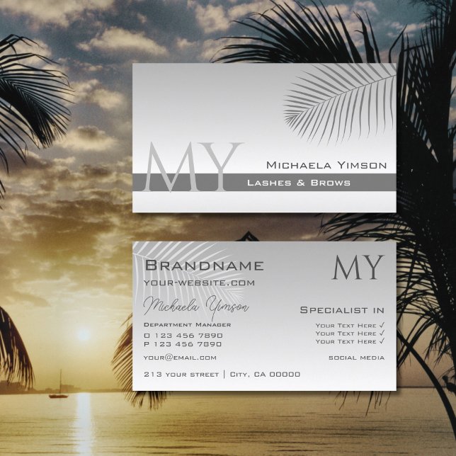 Pastel Gray Gradient and Palm Leaf with Monogram Business Card (Creator Uploaded)