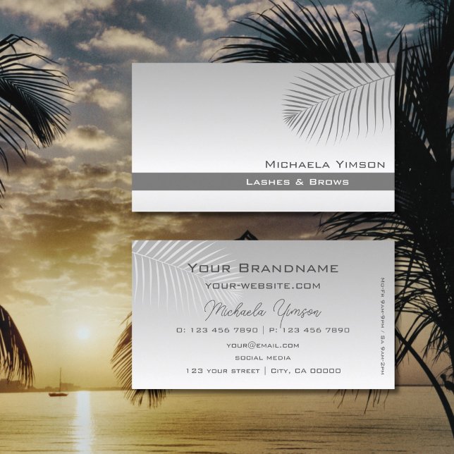 Pastel Gray Gradient Modern with Palm Leaf Simple Business Card (Creator Uploaded)