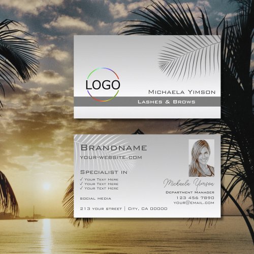 Pastel Gray Gradient Palm Leaf Logo and Photo Business Card