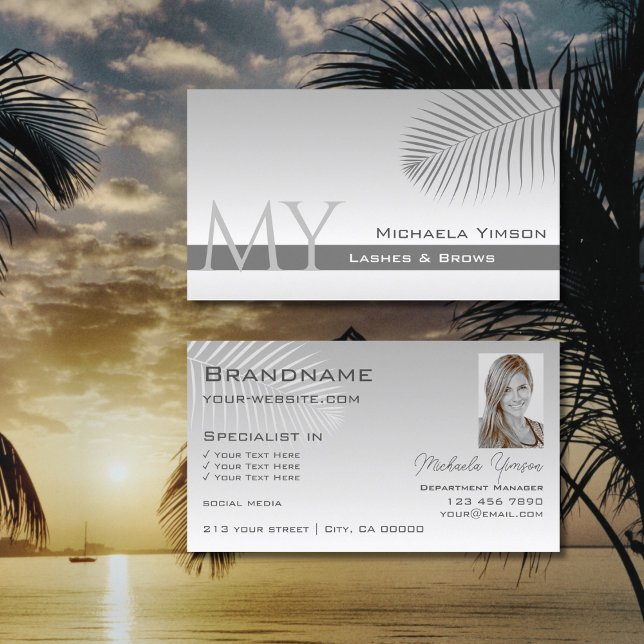 Pastel Gray Gradient Palm Leaf Monogram and Photo Business Card (Creator Uploaded)