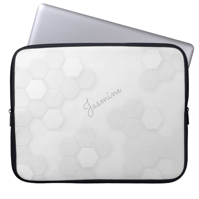 Pastel Gray Hexagonal Pattern with Custom Name Laptop Sleeve (Front)