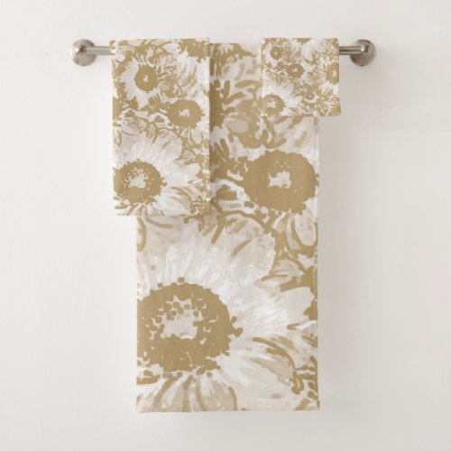 Pastel Gray Light Brown Floral Pattern Bath Towel Set