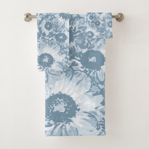 Pastel Gray Navy Floral Pattern Bath Towel Set