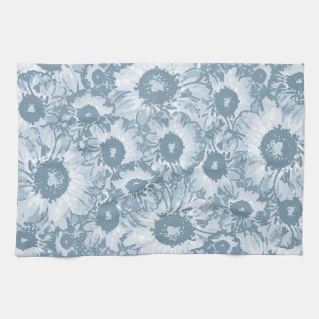Pastel Gray Navy Floral Pattern Kitchen Towel (Horizontal)