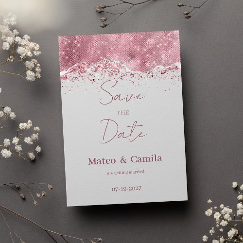 Pastel gray rose gold silver glitter Save the Date Invitation