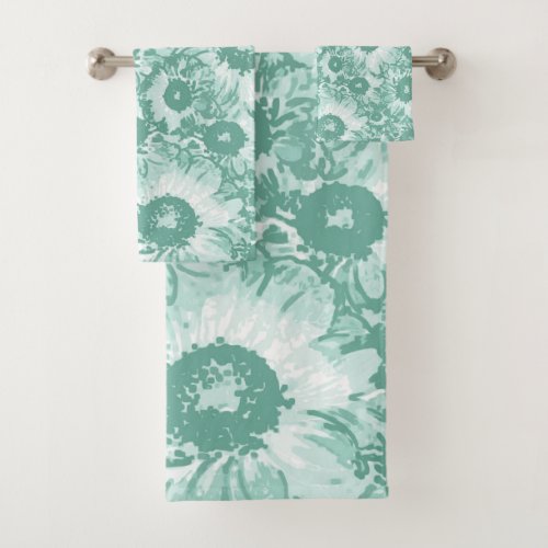 Pastel Gray Teal Green Floral Pattern Bath Towel Set