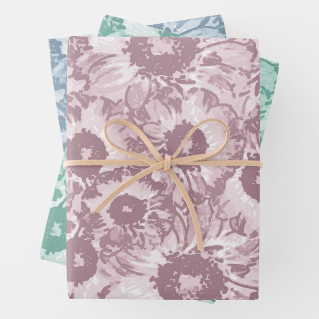 Pastel Gray Teal Green Floral Pattern Wrapping Paper Sheets (In situ)