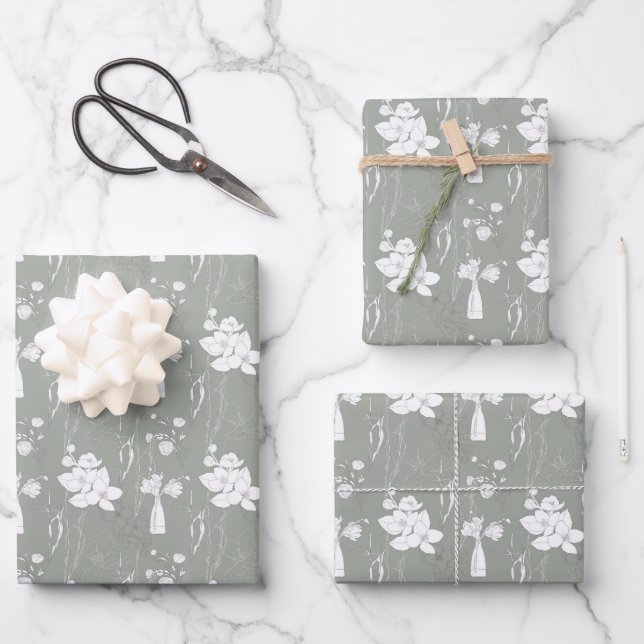 Pastel  Gray Vase of Flowers and Blossoms  Wrapping Paper Sheets (Front)