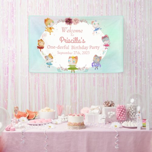 Pastel Green All Ballerina Cat Kids Birthday Party Banner