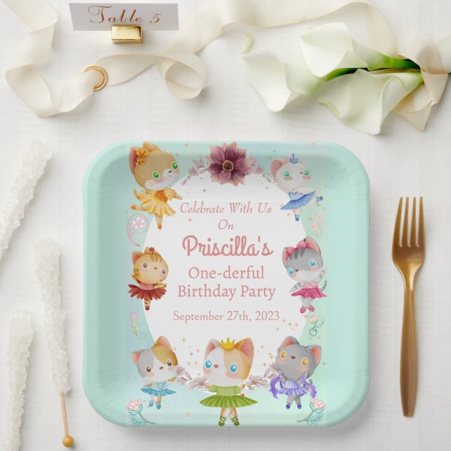 Pastel Green All Ballerina Cat Kids Birthday Party Paper Plates (Wedding)