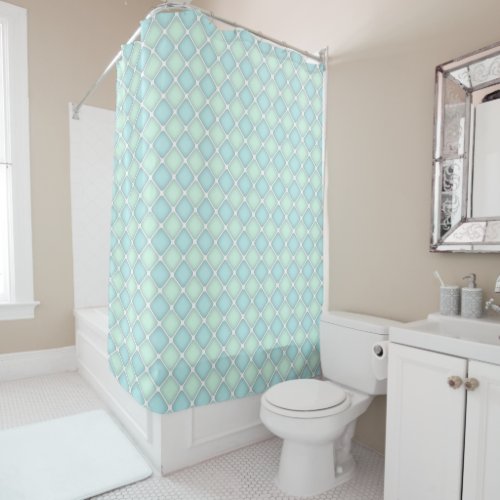 Pastel Green and Blue Checked Tile Shower Curtain