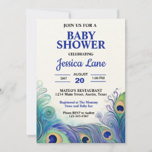 Pastel Green and Blue Peacock Feathers Baby Shower Invitation