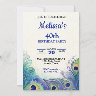 Pastel Green and Blues Peacock Feathers Birthday Invitation