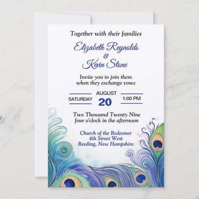 Pastel Green and Blues Peacock Feathers Wedding Invitation (Front)