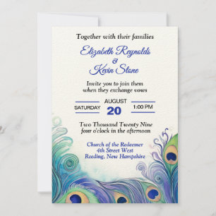 Pastel Green and Blues Peacock Feathers Wedding Invitation