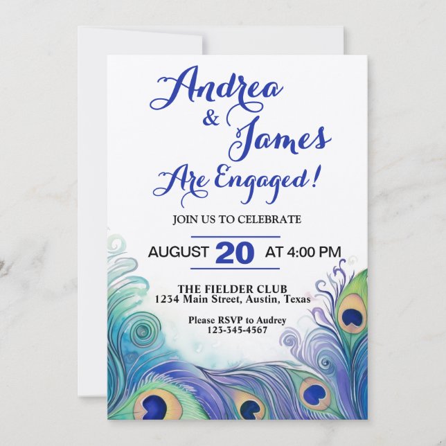 Pastel Green and Peacock Feathers Engagement Party Invitation (Front)