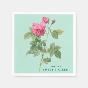 Pastel Green and Pink Rose Vintage Botanical Napkins