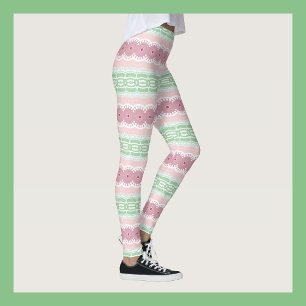 Pastel Green and Rose Abstract Stripes Pattern Leggings