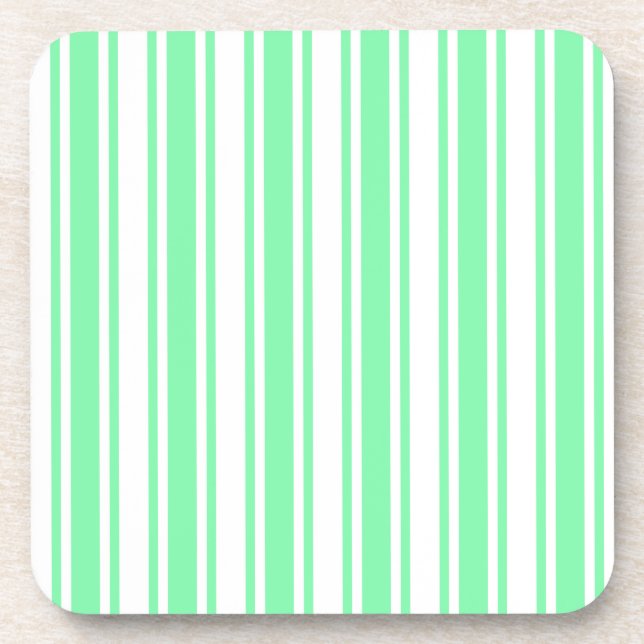 Pastel green and white candy stripes beverage coaster (Front)