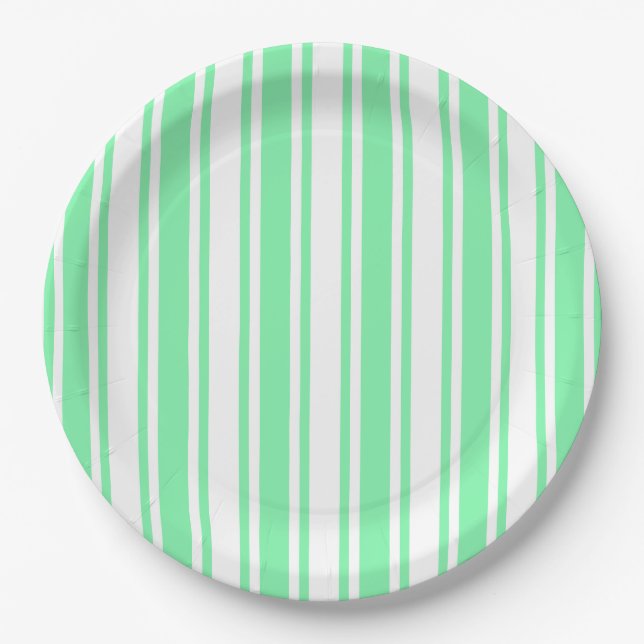 Pastel green and white candy stripes paper plates (Front)