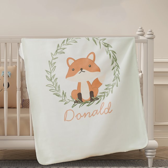Pastel Green Baby Boy Name Leaf frame Fox Cute Blanket (Creator Uploaded)