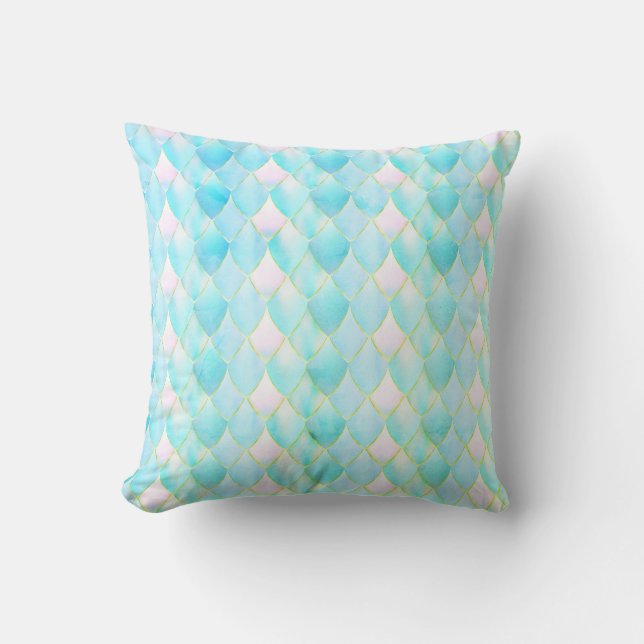 Pastel green blue mermaid unicorn gold magical throw pillow (Front)