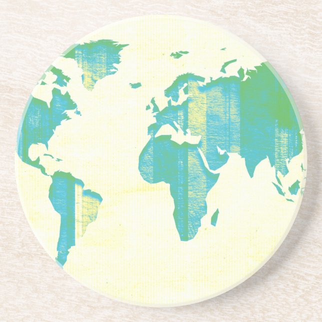 Pastel Green Blue Stripes Map Sandstone Coaster (Front)