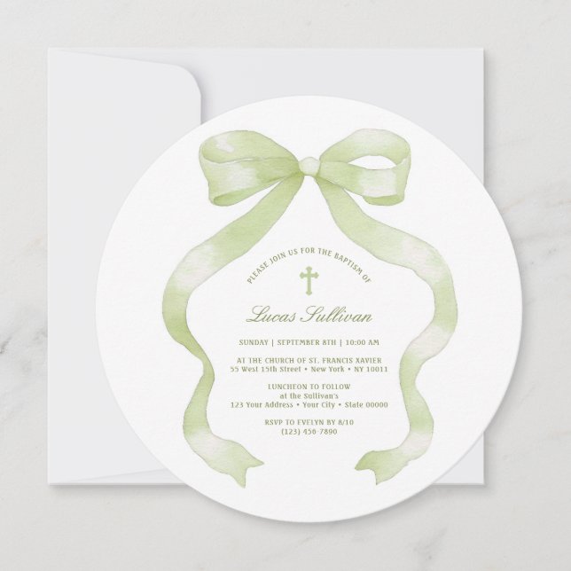 Pastel Green Bow Baptism Invitation (Front)