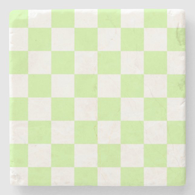 Pastel Green Checkered Gingham Pattern Stone Coaster (Front)
