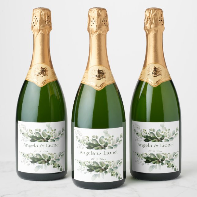 Pastel Green Eucalyptus Foliage Elegance Wedding Sparkling Wine Label (Bottles)