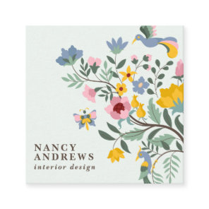 Pastel green floral bouquet whimsical illustration square business card