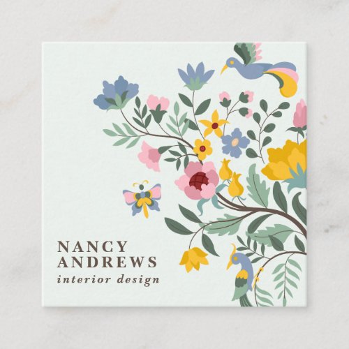 Pastel green floral bouquet whimsical illustration square business card
